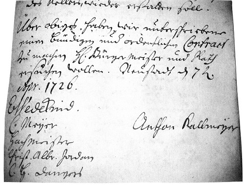 Letze Seite des "After Pacht Contractes" zwischen den Haupt-Pächtern und dem "After Pächter" Kallmeyer v. 7. April 1726 [7]