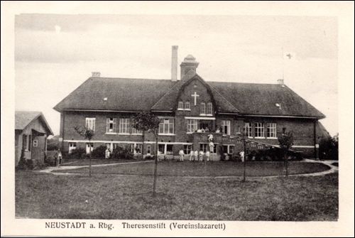 Postkarte von Sirius: Das Krankenhaus als Reservelazarett. Links vermutlich die Kriegsverwundeten- und Unterkunftsbaracke